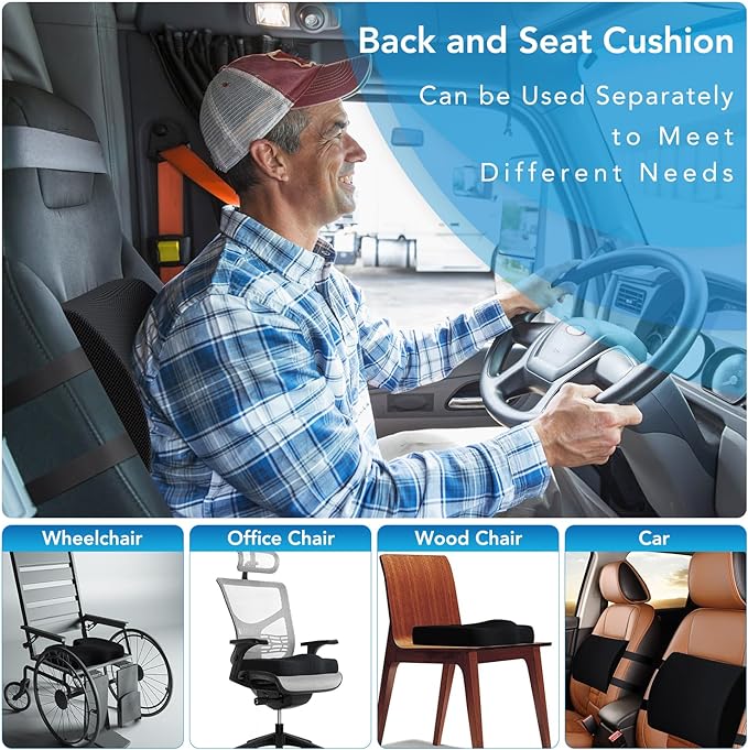 Seat Cushion & Lumbar Support Pillow for Office Chair, Car, Wheelchair Memory Foam Desk Chair Cushion for Sciatica, Lower Back & Tailbone Pain Relief Desk Pad with Adjustable Strap 3D Washable Cover