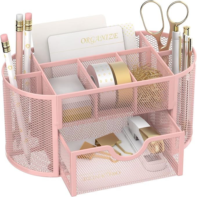 SUPEASY Mesh Desk Organizer, Desk Accessories & Workspace Organizers with Drawers, Pencil Holder for Desk with 9 Compartments for Office Suppliess, School, Classroom, 8.6 x 4.3 x 4.1 Inch, Pink