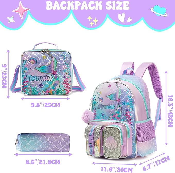 Meetbelify Mermaid Backpack for Girls Backpacks with Lunch Box Pencil Case for Elementary Student Kids School Travel Bag for Girls Ages 6-8 Years Old
