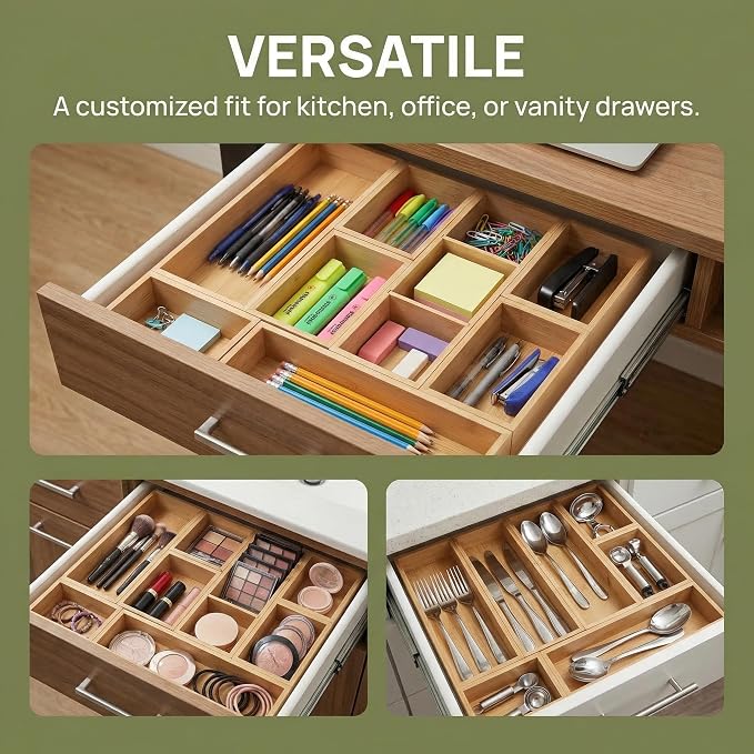 Bamboo Drawer Organizer,Fits Kitchens,Bathrooms,Desk,Utensil,Makeup,Removable Dividers (Natural, M)