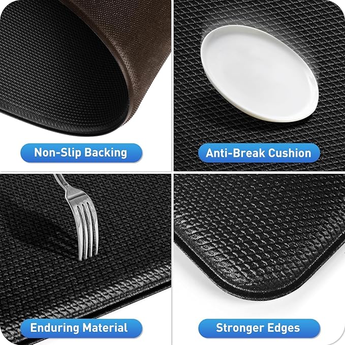 HappyTrends Kitchen Mat for Floor, 2PCS Cushioned Anti-Fatigue Kitchen Rugs, Waterproof Non-Slip Standing Mats and Rugs Set for Kitchen, Office, Laundry, Black, 17.3"×30"+17.3"×47"