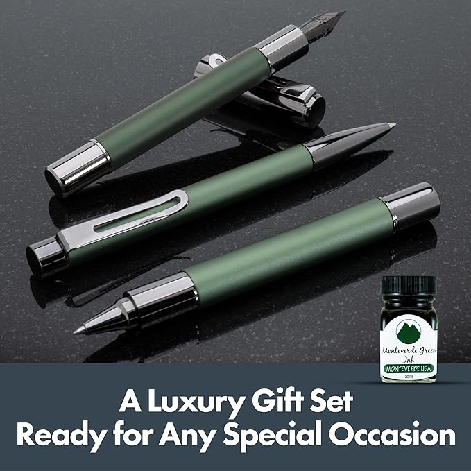 Monteverde Ritma 3+2 Piece Gift Set, Green - Includes Extra Fine Nib Fountain Pen, Rollerball, Ballpoint, 30ml Ink & Refill - Luxury Gift for Pen Enthusiasts & Professionals
