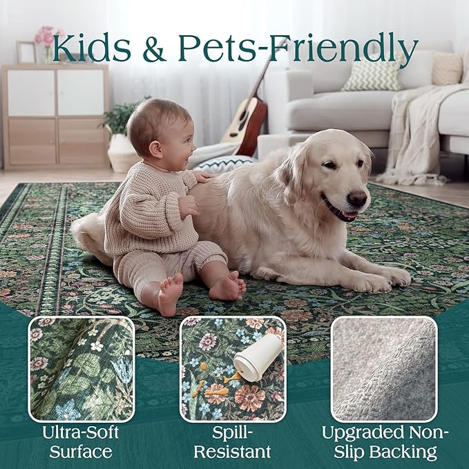 Moss Green 9x9 Square Rug - Soft Washable Boho Floral Living Room Rug Non Slip Stain Resistant Vintage Retro Dark 9' Square Area Rugs for Bedroom Guest Room Dining Room Rugs for Under Table