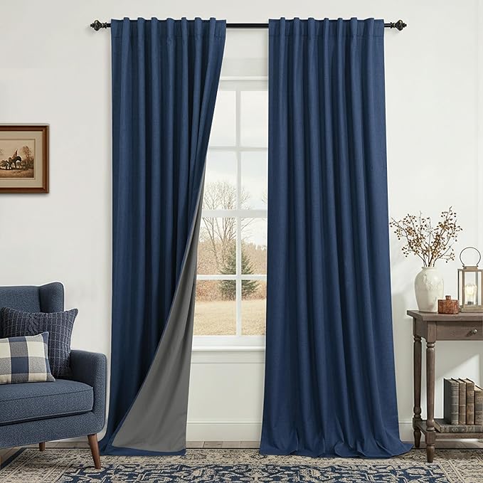 KOUFALL Navy Blue Curtains Linen Blackout, Back Tab Textured 90 Inch Long Traditional Thermal Insulated Winter Curtains for Living Room Bedroom, 52w x 90l, 2 Panel Set