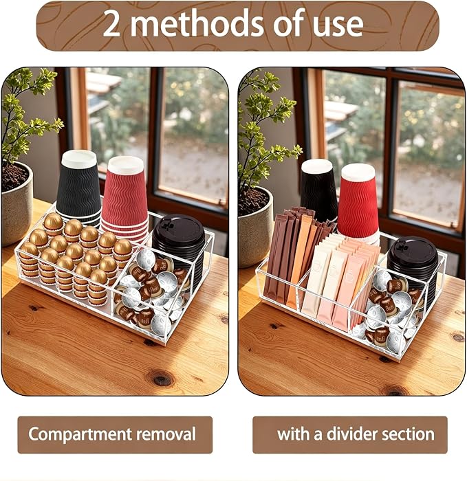 Coffee Bar Accessories, Acrylic Coffee Station Organizer Storage Box | Clear Coffee Station Accessories with Removable Dividers for Pod Condiment Syrup Cup Stirrer Tea Bag, Farmhouse Table Decor