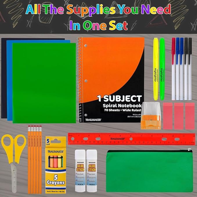 Trailmaker 720 Pack Bulk School Supply Kits | 30 Piece Classroom Supply Sets for Elementary & Middle School | Notebooks, Pencils, Crayons & Essentials | Ready-to-Distribute Kits for Teachers, Districts & Organizations