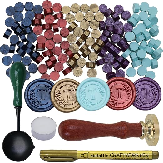 Initial Alphabet T Wax Seal Stamp Set, Retro Letter Sealing Stamp with 150Pcs Sealing Wax Beads in 5 Color, Melt Spoon Pen Kit for Wedding and Christmas (T)