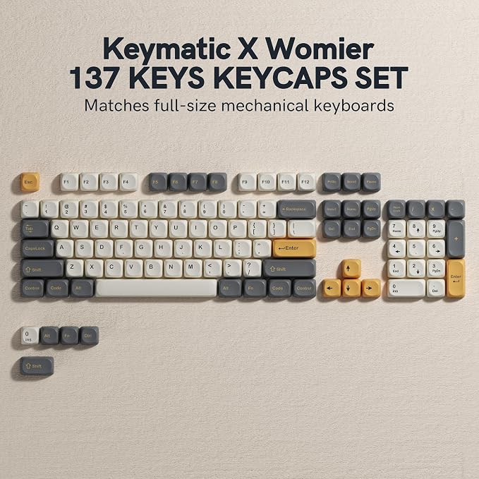 Keymatic 137 Double Shot PBT Keycaps Set MOA Custom Retro keycaps for 61/64/68/84/87/100/104/108 Retro Gaming Mechanical Keyboard Gray Gold(Only Keycap Set)