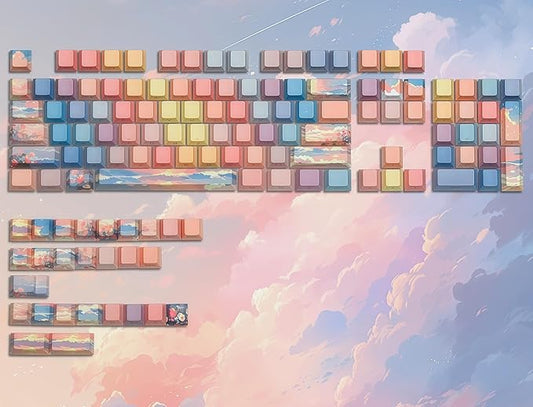 dagaladoo Shine Through keycap Set,Double Shot PBT keycaps 60 75 Percent,dye sub Custom Key caps,Side Printed,Blue/Orange,Cherry Profile Keyboard caps for Machine Keyboard(Sunset)