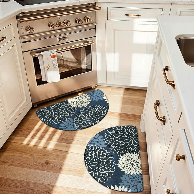 KIMODE Half Circle Kitchen Mats for Floor Cushioned Anti Fatigue Semi Round | Half Round,Dahlia Boho,Blue,Kitchen Rug Set of 2,Non Slip ,Waterproof Sink Floor Mat Carpet Decor for Laundry Bathroom