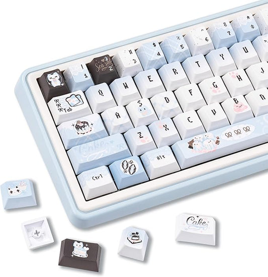 Cherry Profile PBT Keycaps - Cute Cat Keycaps, 145 Keys Blue White, Kawaii Anime Custom Keycap Set for US UK Layout Mechanical Keyboards with Key Puller（Pixel Art Style）