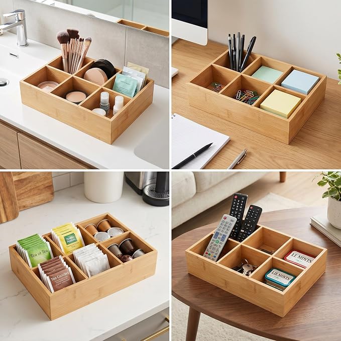 2 Pack Bamboo Desk Organizer with Adjustable Dividers | Modular Wooden Storage Trays, Kitchen, Bathroom, Vanity Office Desk, Decluttering Solution, Makeup, Jewelry Office Supplies