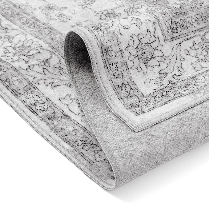 PureCozy Grey Gray Runner Rug 2x8 Washable Vintage Long Carpet for Hallway Kitchen Soft Retro Low Pile Thin Indoor Runner Non Slip Oriental Medallion Throw Rug for Bathroom Bedroom Laundry Dining Room