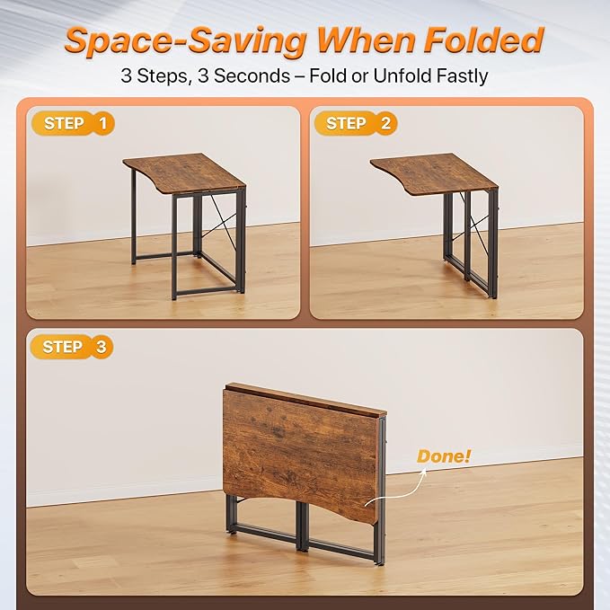 Huuger Folding Desk for Small Spaces, 31.5 Inch Foldable Computer Table, for Home Office, Study, Bedroom, Dorm, Space Saving, Small Writing Work Office Computer Desk, Easy to Fold, Rustic Brown