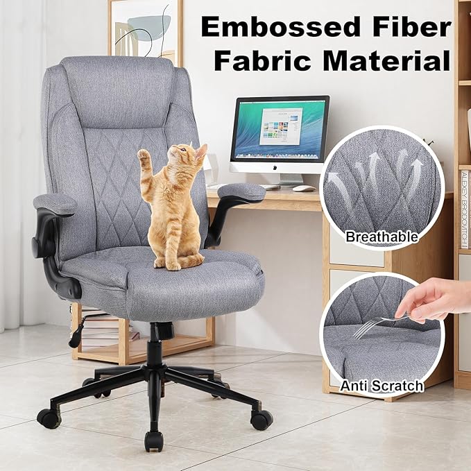 ralex-chair Big and Tall Office Chair -500 lb Office Chair for Big Man, Fabric High Back Office Desk Chair with 120° Tilt Rock,Computer Desk Chair with flip up arm - Light Gray