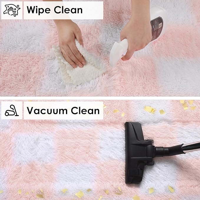 KICMOR 5x8 Area Rugs for Living Room, Light Pink and White Fluffy Shag Large Fuzzy Plush Soft Bedroom Carpets, Indoor Floor Shaggy Checkered Rug for Kids Baby Girls Room Playroom Nursery Home Decor