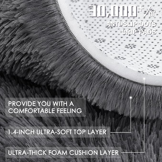 OLANLY Grey Round Rugs for Bedroom - Machine Washable, 9 ft Circle Area Rugs for Living Room, Soft and Fluffy Shaggy Carpet for Teen Girls and Boys, Nursery Rooms, Dorms, Home Decor Aesthetic