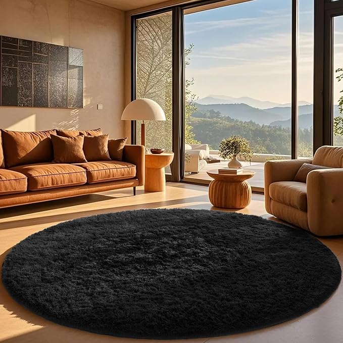 Ophanie Round Rug 8Ft Black Circle Area Rug, Room Decor for Men, Fluffy Fuzzy Bedroom Carpet, Plush Soft Shaggy Living Room Rugs for Kids Home Aesthetic, Nursery with Over 99 pcs Pile fibers