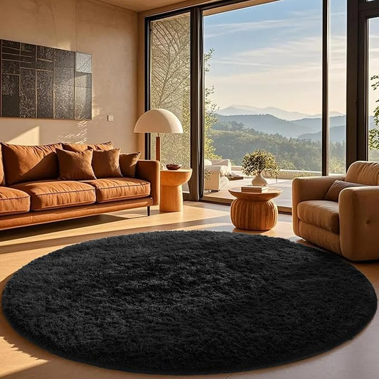 Ophanie Round Rug 8Ft Black Circle Area Rug, Room Decor for Men, Fluffy Fuzzy Bedroom Carpet, Plush Soft Shaggy Living Room Rugs for Kids Home Aesthetic, Nursery with Over 99 pcs Pile fibers