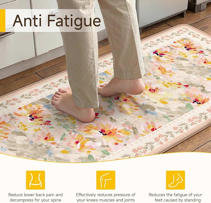 Anti Fatigue Kitchen Mats 2PCS Thick Non Slip Cushioned Rugs Beige Abstract Floral Waterproof Comfort Standing Mats for Floor Sink Laundry Office 17.3"×59"+17.3"×30"