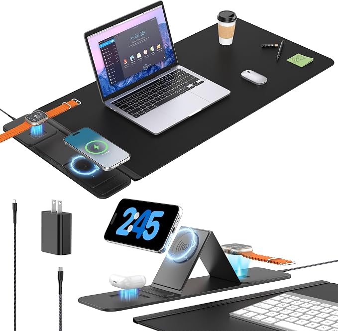 25W Wireless Fast Charging Mouse Pad with Foldable Phone Holder, 2nd Gen 3-in-1 Wireless Charging Desk Mat (Leather with 35W Wall Charger&Coasters)
