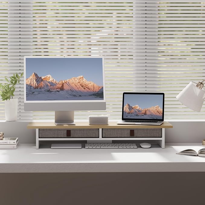 Fenge 35 Inch Monitor Stand with Drawer Storage, Computer Riser for Desk | Wooden Computer Shelf, 2 Tiers, for Dual Monitor/Laptop/PC/TV/Printer up to 55Lbs, Home Office Desk Organizer