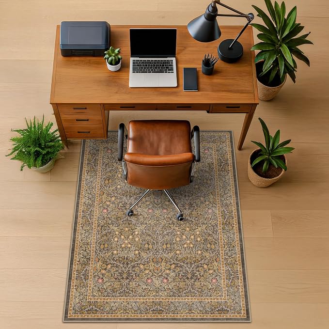 Vintage Brown Office Rugs for Rolling Chairs, 36"x48" Home Office Rug for Computer Gaming Chair, Low Pile, Slip-Resistant and Ultra Soft Area Rug for Protecting Floors, Boho Taupe Floral Design