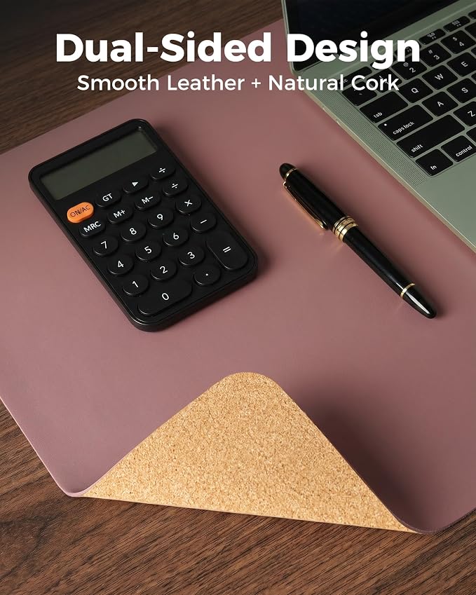 Aothia Dual-Sided Desk Mat, FSC Cork & PU Leather Desk Pad, Large Mouse Pad & Writing Surface for Full Desk Coverage, Non-Slip Waterproof Desk Protector - 47" x 23.6", Pale Mauve