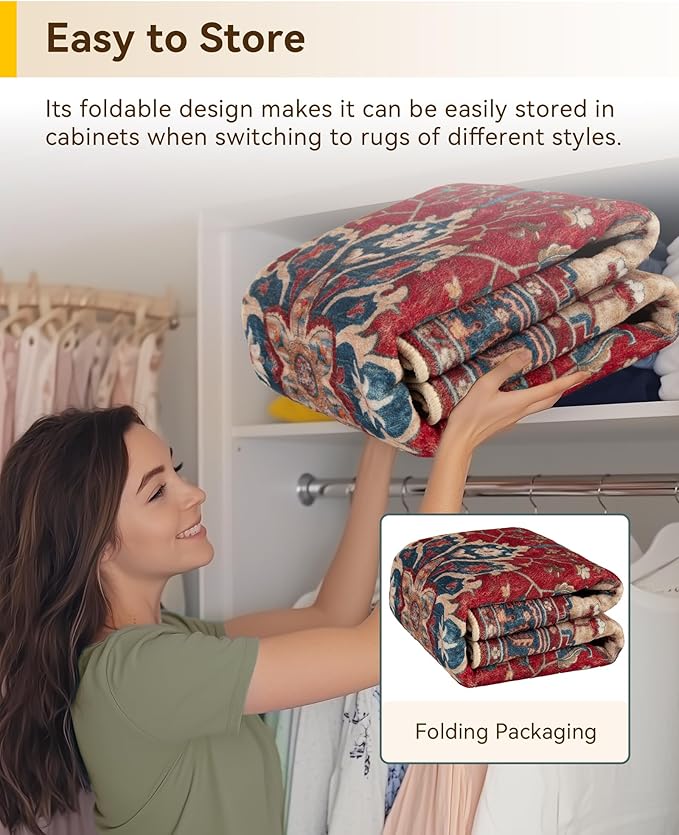 RELEANY Area Rugs Square 6ft Washable Non-Slip, Floral Vintage Distress Medallion Carpet for Living Room Bedroom Dining Room, Red Blue
