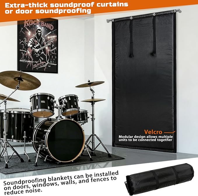 Soundproof Curtains 53" x 67" Acoustic Sound Barrier Dampening Blanket for Doors & Windows, Noise Blocking Blackout Curtain, Use for Recording Studio Home Office,Black