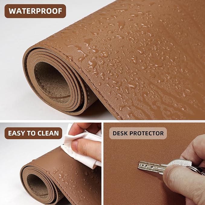 AFIING Leather Desk Mat, Brown, 31.5" x 17", Cork Desk Pad Protector | Dual-Sided Cork & PU Leather Desk Pad, Waterproof, Non-Slip for Mouse, Writing, Office, Home & Study