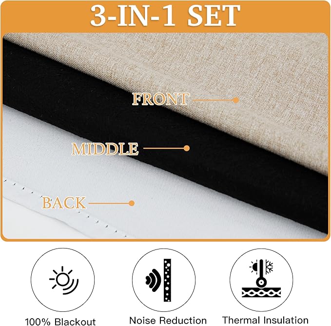 RYB HOME 3-in-1 Soundproof Blackout Energy Saving Room Divider Curtains, Extra Wide Window Curtains for Bedroom Living Room Loft Baby Nursery, Linen Taupe, Wide 100 x Long 84 inches, 1 Panel