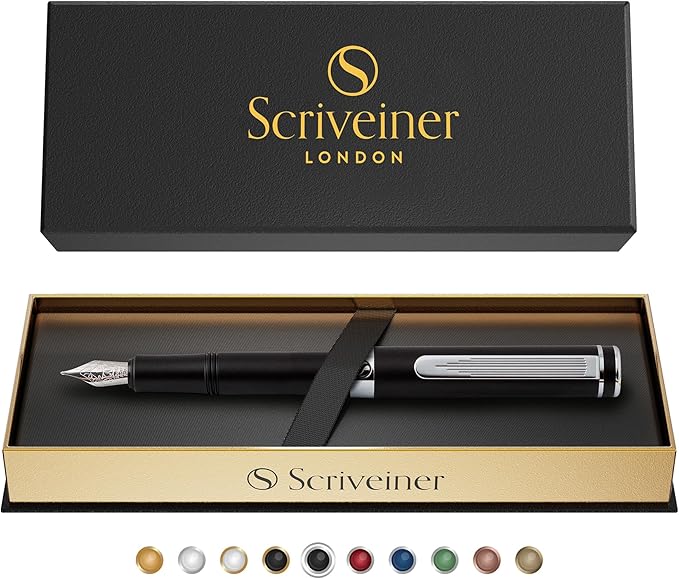 Scriveiner Luxury EDC Fountain Pen (Fine), Stunning Matt Black Pocket Pen, Chrome Finish, Schmidt German Nib, Converter, Best Writing Pen Gift Set for Men & Women, Nice Fancy Office Designer Pen