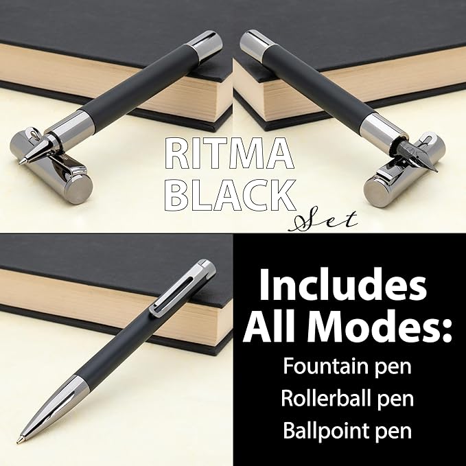Monteverde Ritma 3+2 Piece Gift Set, Black - Includes Broad Nib Fountain Pen, Rollerball, Ballpoint, 30ml Ink & Refill - Luxury Writing Set for Pen Collectors, Writers & Professionals