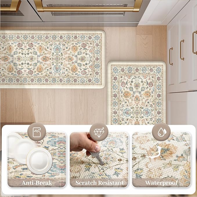 KIMODE Anti Fatigue Kitchen Mats for Floor, Boho Vintage Kitchen Rugs Set | Cream Colored Kitchen Rugs Sets of 2,Cushioned Kitchen Floor Mats, Standing Mat for Sink Laundry Office Desk 17"x47"+17"x29"