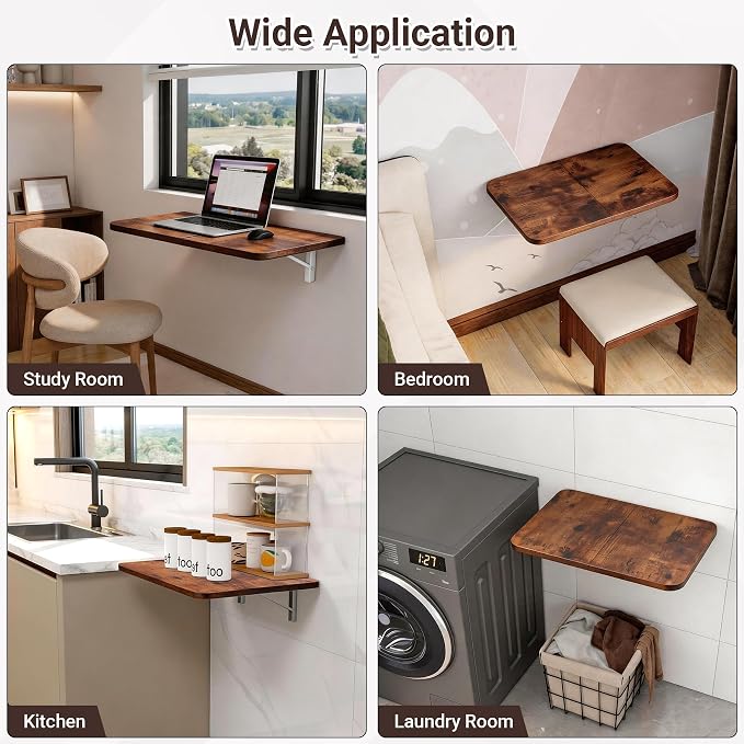 Neoaider Wall Mounted Folding Desk 23.6” x 15.7”, Drop Down Table with Metal Collapsible Brackets, Folding Wall Table for Small Spaces, Home, Office, Kitchen, Laundry Room-Brown