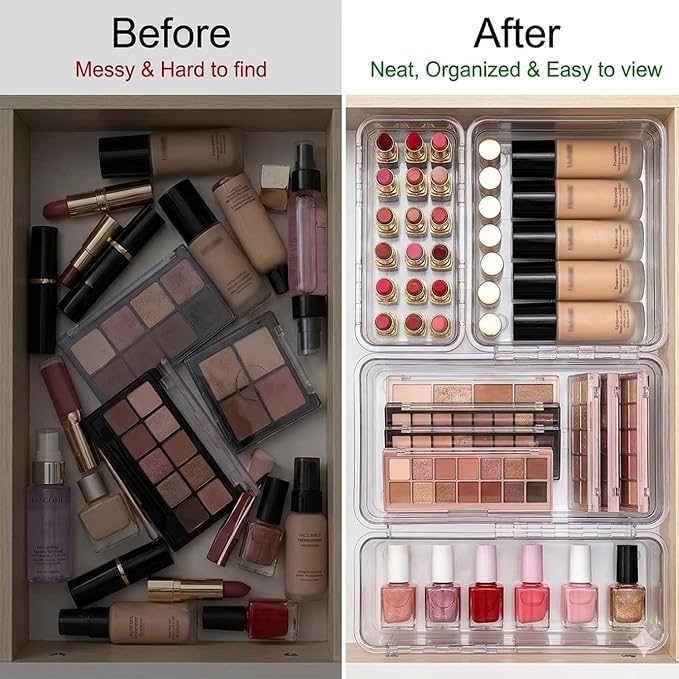 25 Pack Makeup Drawer Organizer Trays, 3-Size Clear Plastic Adjustable Expandable Set with 5 Large, 8 Medium and 12 Square Pieces for Vanity, Bathroom, Desk, Kitchen and Office