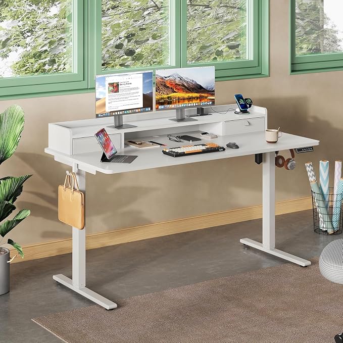 DEVAISE 55 Inch Standing Desk with Sheft, Ergonomic Computer Desk, White | LED Touchscreen, Headphone Hook, 3 Memory Preset, Home Office
