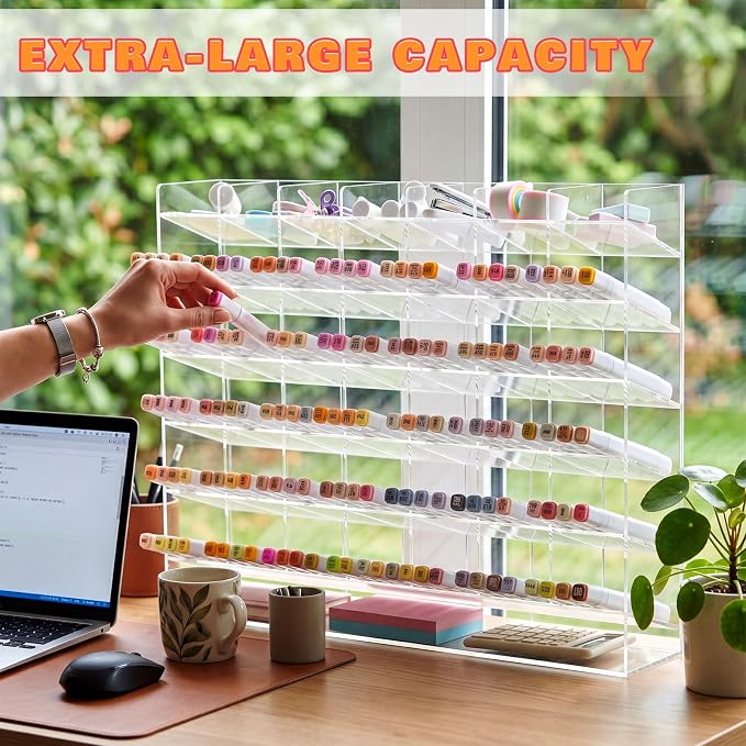 MotiMind Acrylic Pen Organizer Storage for 520 Markers Vertical Marker Organizer Acrylic Pen Display Holder for Office Desk Desktop Stationery Pencil Storage, Clear, 21 x 4 x 14.5