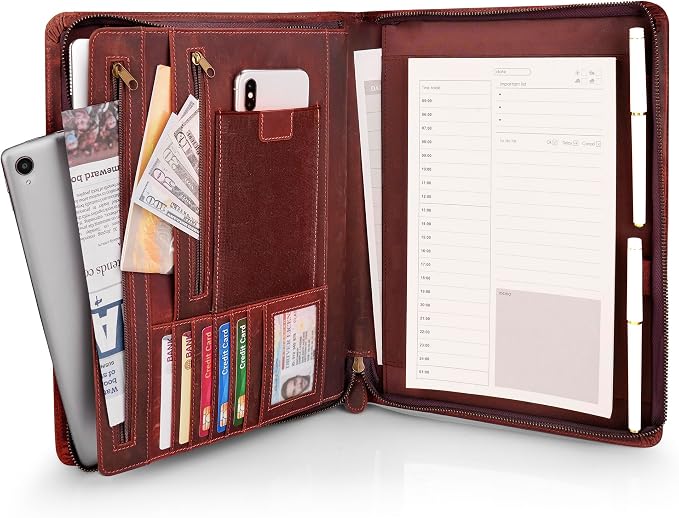 JinRuiKJ Full Grain Leather Portfolio with Zipper, Professional Business Organizer for Men Women, Executive Resume Folder with A4 Notepad Holder, Card Slots, Pen Loop, 10x13'', Luxury Gift Set (Red)