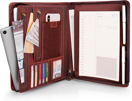 JinRuiKJ Full Grain Leather Portfolio with Zipper, Professional Business Organizer for Men Women, Executive Resume Folder with A4 Notepad Holder, Card Slots, Pen Loop, 10x13'', Luxury Gift Set (Red)