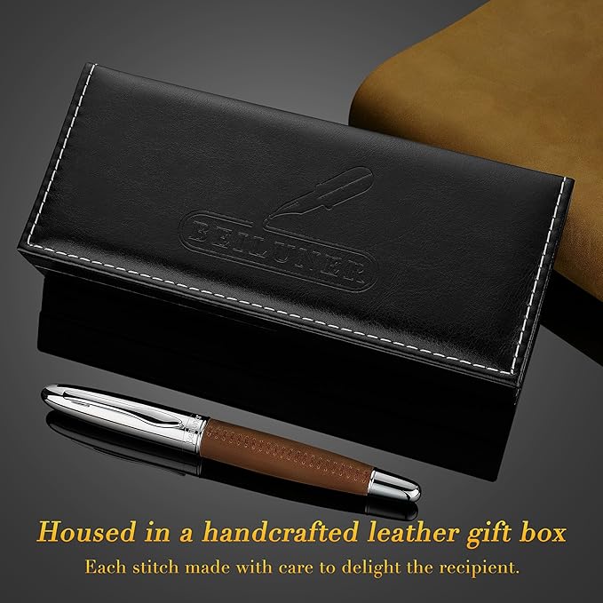 BEILUNER 318 Luxury Leather Pen, Full Grain Oil Tan Crazy Horse Cowhide Leather, Chrome-Plated Finish, Smooth Black Ink Refill, Best Rollerball Gift for Men & Women,Executive, Professional, Nice Pens