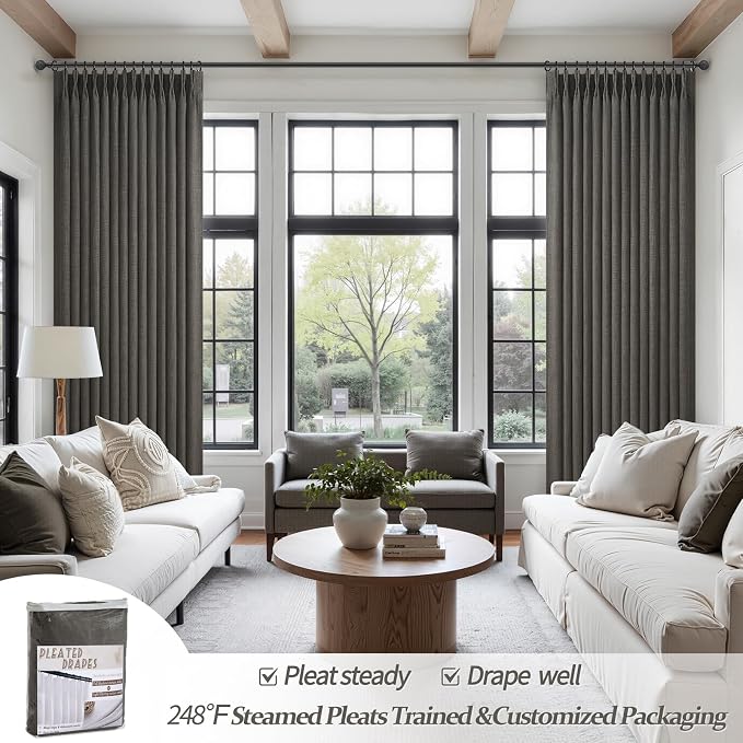 Pinch Pleated Blackout Curtains 90 Inches Long for Bedroom 2 Panel Set, Memory Trained Dark Grey Two Layer Thick Linen Sound Dampening Thermal Rustic Windows Curtain for Living Room Darkening Drapes