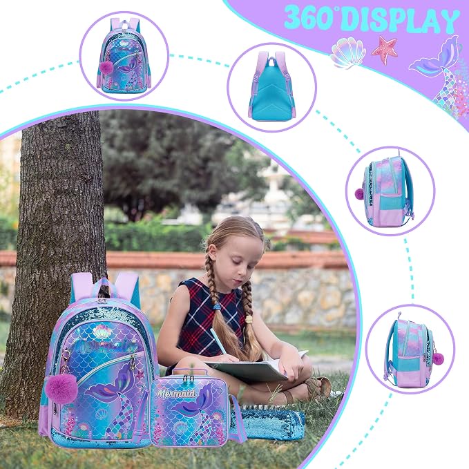 Meetbelify Mermaid Backpack for Girls School Backpack with Lunch Box for Elementary Student Teen Girls Cute School Bag Kids Bookbag for Girls 8-10 Purple