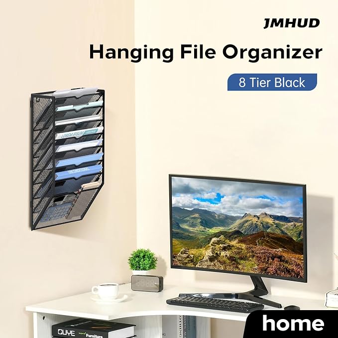 8 Tier Wall Hanging File Organizer, Paper Folder Holder Wall Mounted, Metal Mail Sorter for Office Home School, Black