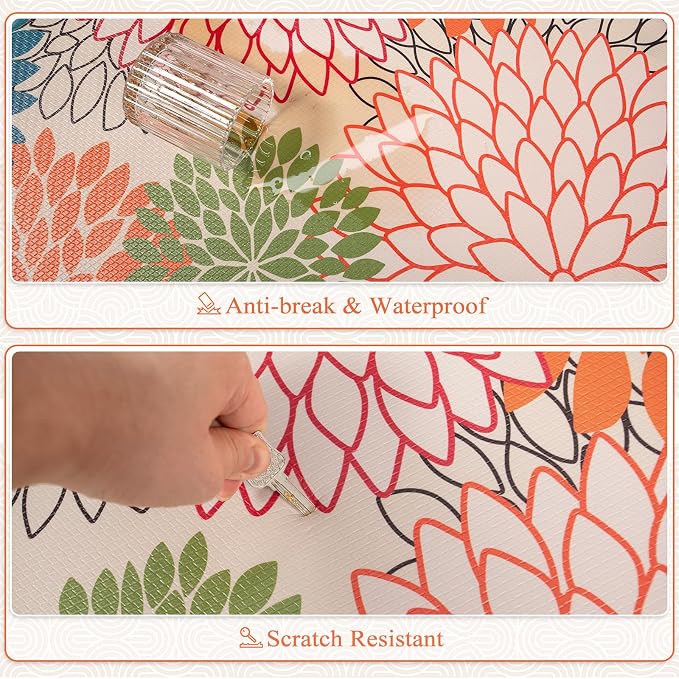 KIMODE Half Circle Anti Fatigue Mats for Kitchen Floor Rug Sets of 2 | 18"x28+18"x47",Orange,Half Round,2PCS,Dahlia Floral Boho,Non Slip,Waterproof,for Sink Office Laundry Bathroom Decor