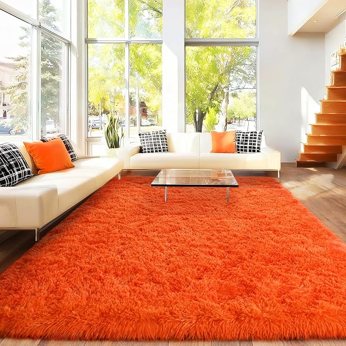 Area Rugs for Living Room Bedroom 9x12, Ultra Fluffy Shag Rug Modern Washable Carpet Soft Shaggy Non Slip Indoor Plush Fuzzy Rugs for Bedroom Dorm Office Home Aesthetic Decor, Orange