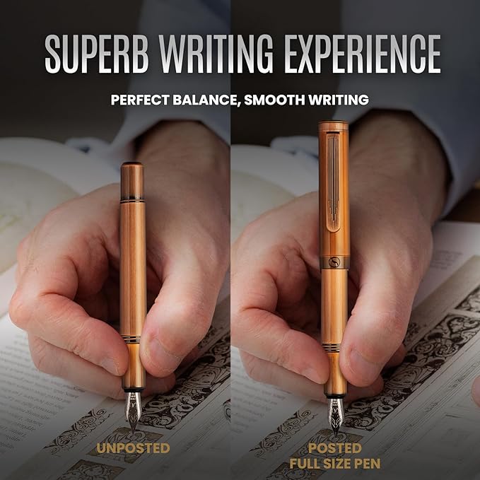 Scriveiner Luxury EDC Fountain Pen (Fine), Stunning Heavy Brass Pocket Pen, Hand Brushed Copper Finish, Schmidt German Nib Converter, Best Writing Pen Gift Set for Men Women, Nice Fancy Designer Pen