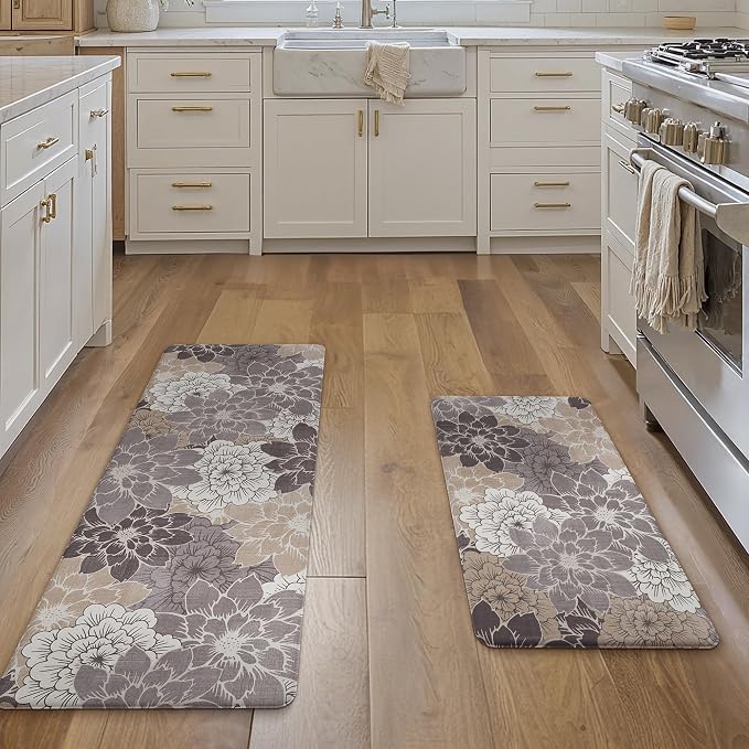 GENIMO Anti Fatigue Kitchen Mats for Floor 2PCS, Cushioned Standing Mats | 17.3"x47"&17.3"x30",Coffee Brown vintage floral rug set, waterproof, non slip, easy-clean for farmhouse