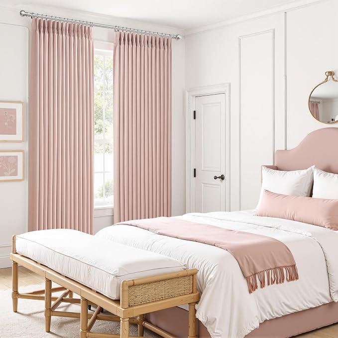 Blush Pink Double Layer Linen Pinch Pleated Curtains 90 Inches Long for Kids Room 2 Panels Set, Beautiful Memory Shape Blackout Insulated Noise Reducing Textured Viral Windows Drapes 40 x 90 Length